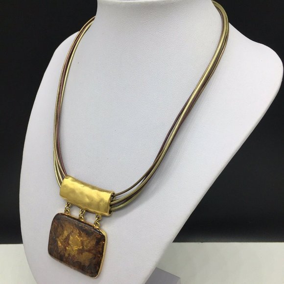 Chico’s Brown Gold Leather Enamel Pendant Necklace - Picture 2 of 4